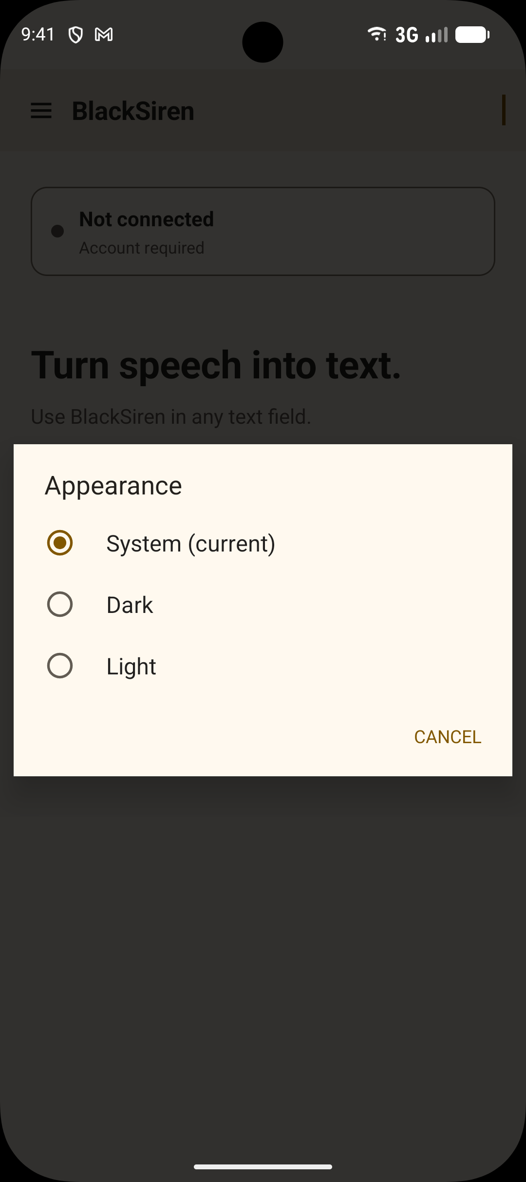 Appearance dialog showing System (current), Dark, and Light options