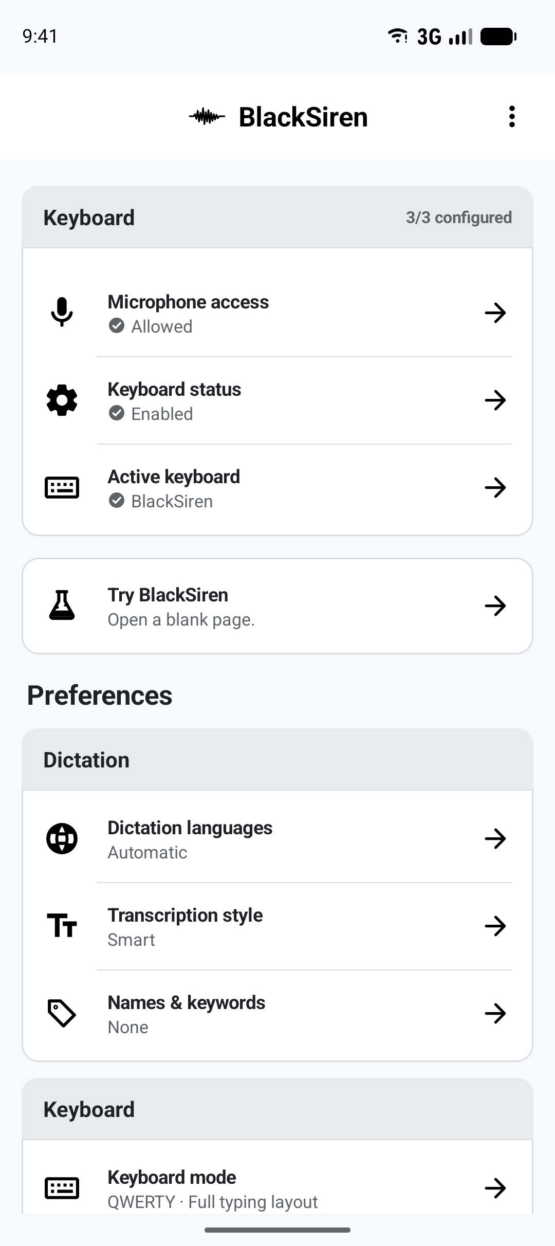 BlackSiren dashboard showing microphone access allowed, keyboard enabled, and BlackSiren selected