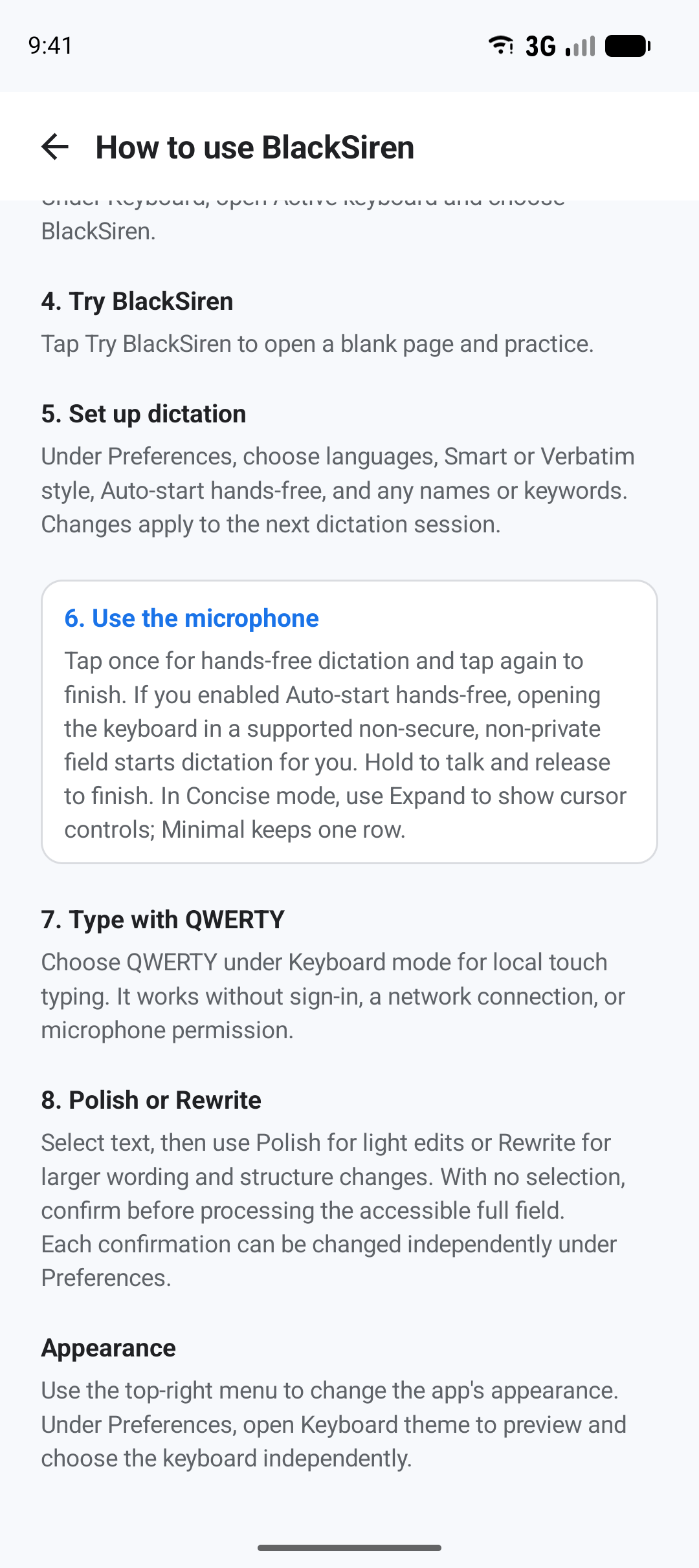BlackSiren How to use page explaining local QWERTY, microphone dictation, Polish, and Rewrite