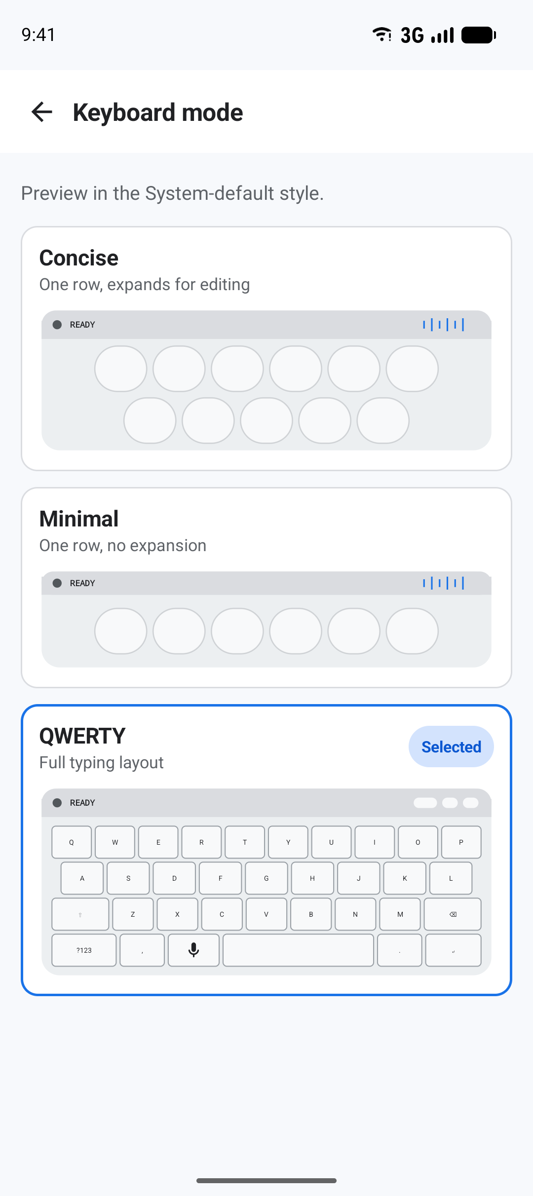 BlackSiren keyboard mode gallery showing Concise, Minimal, and selected Full QWERTY layouts