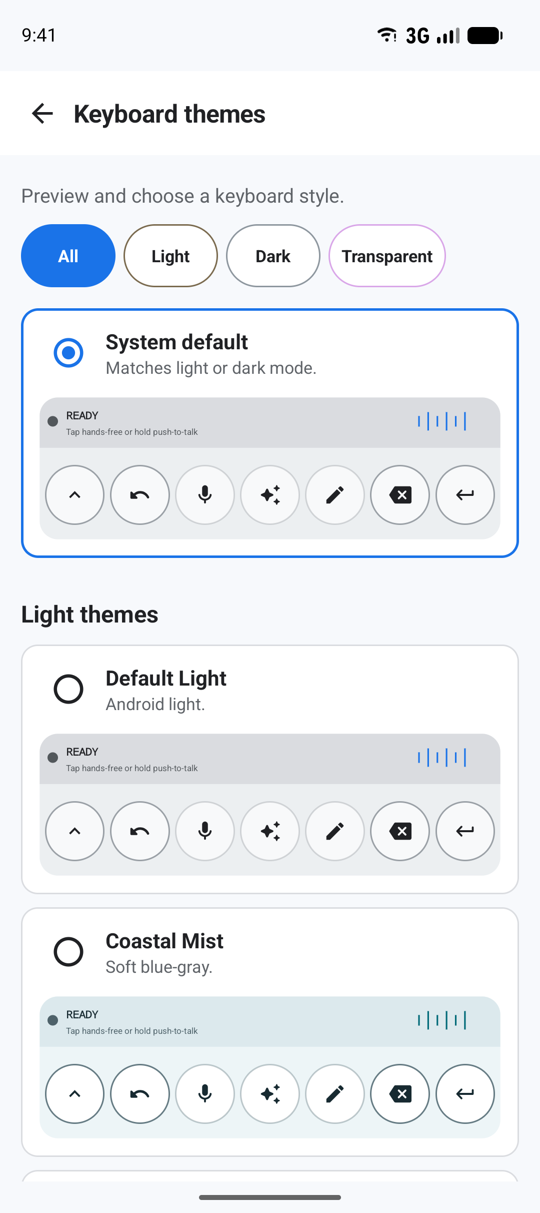 BlackSiren keyboard theme gallery showing current System default and light-theme previews