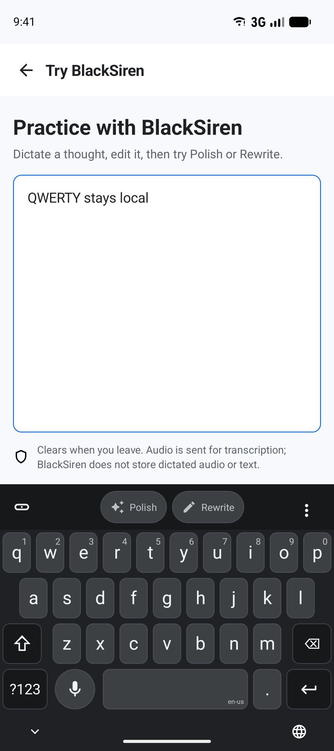 BlackSiren Full QWERTY keyboard using the dark theme in the Try page