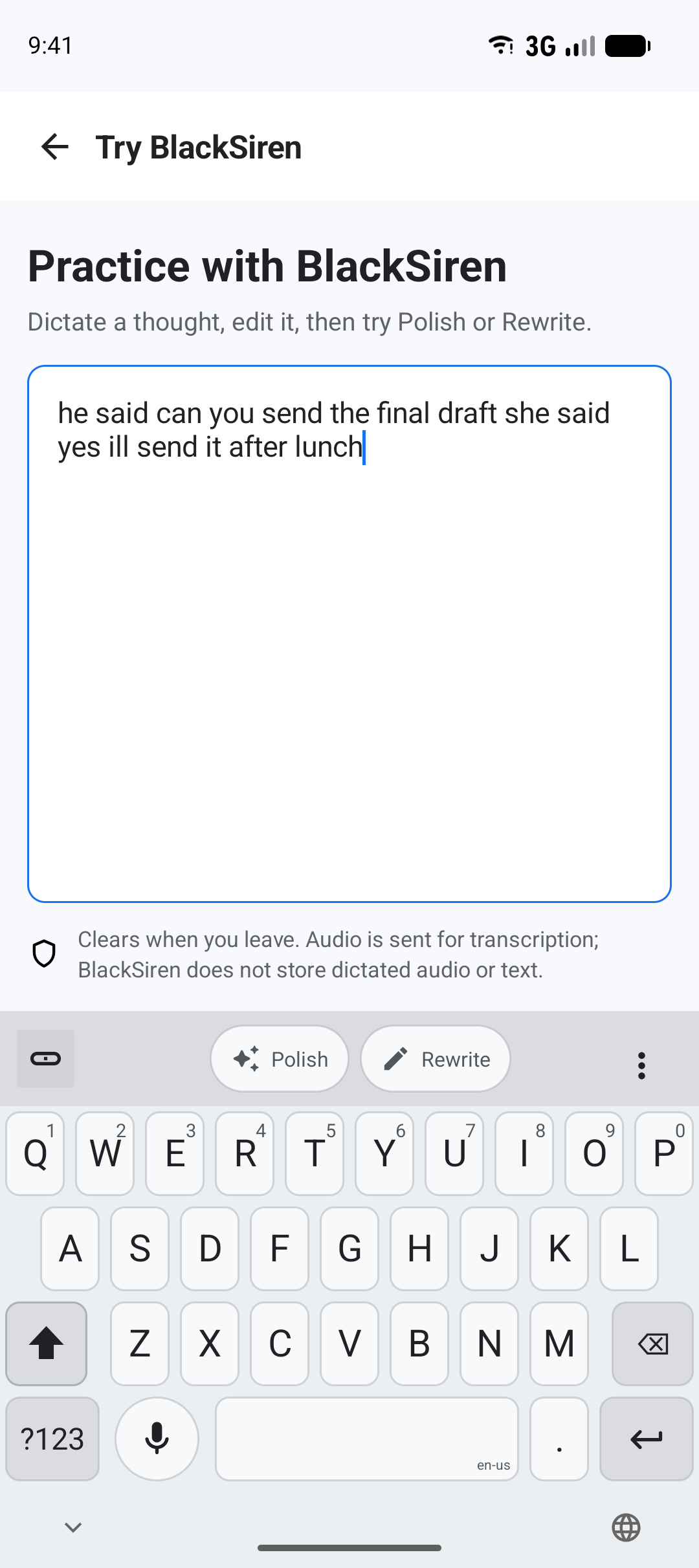 BlackSiren Full QWERTY keyboard typing a dialogue draft in the clean Try page