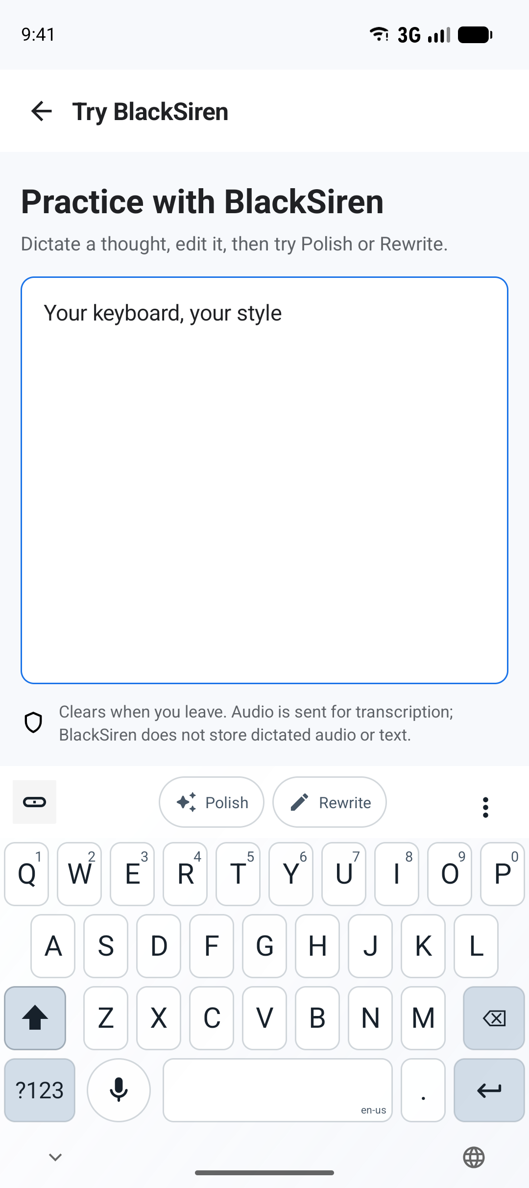 BlackSiren Full QWERTY keyboard using the transparent Frost Glass theme over the Try page