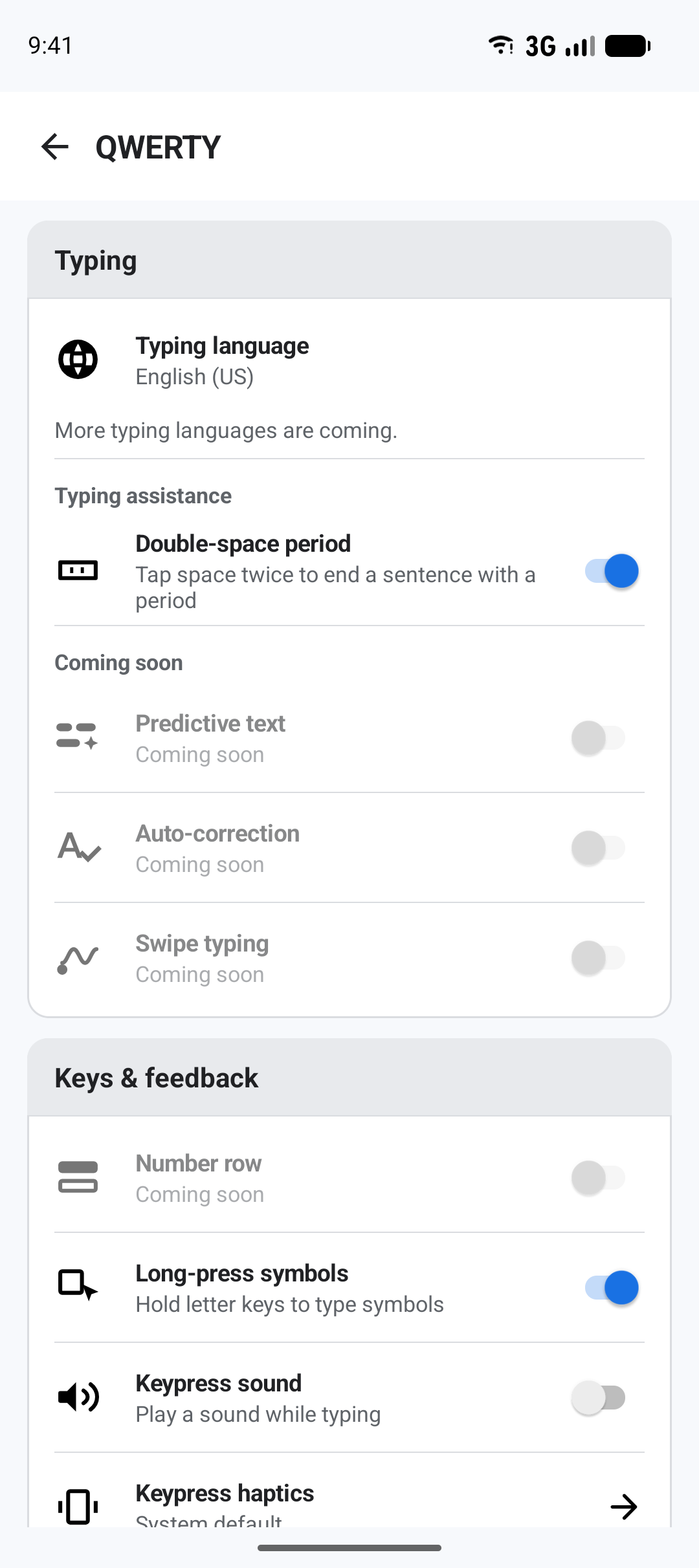 BlackSiren QWERTY preferences showing typing assistance, long-press symbols, sound, and haptic controls