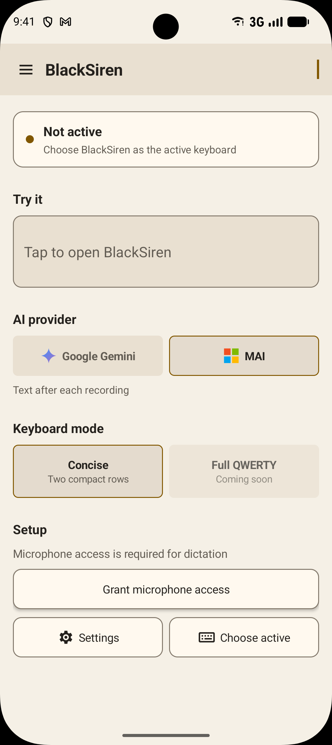 BlackSiren dashboard with MAI provider selected, showing provider and keyboard mode options