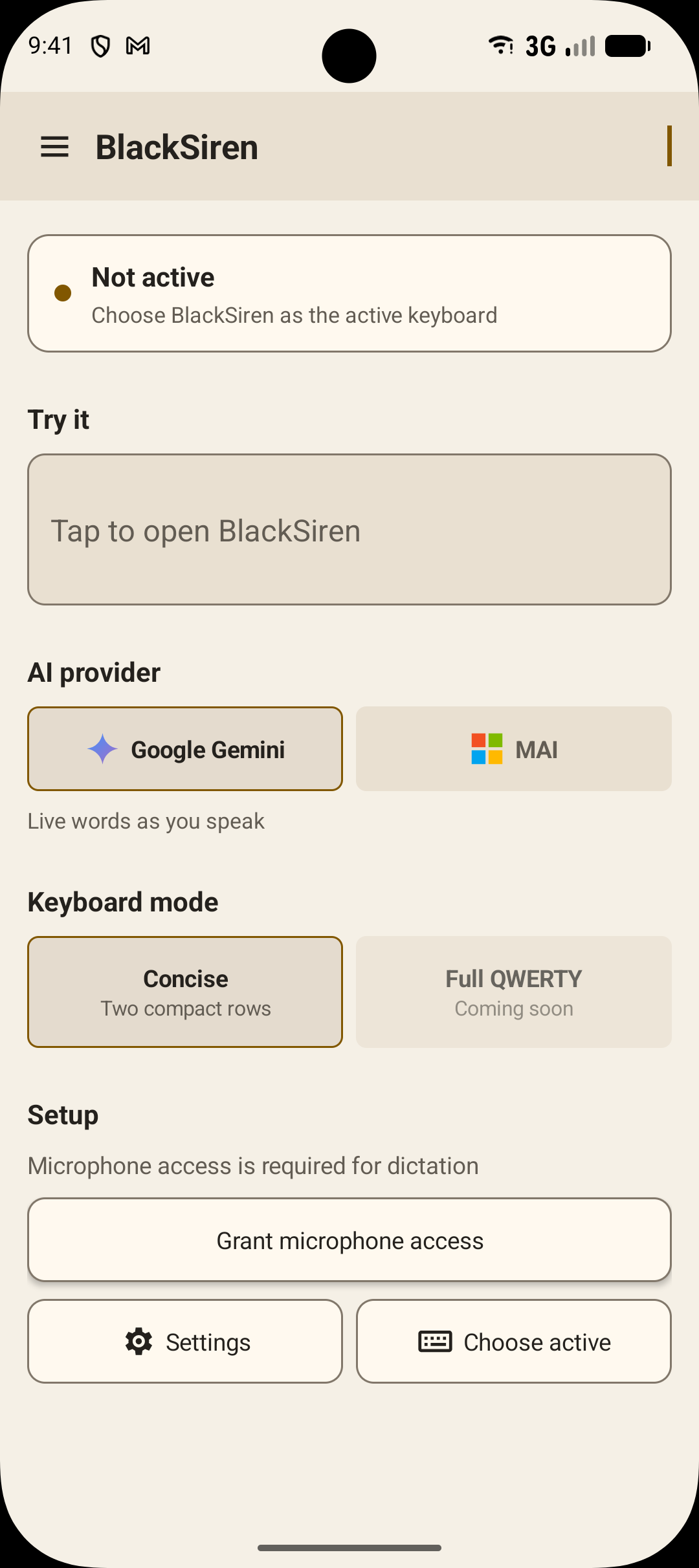 BlackSiren dashboard showing Not active status, Try it, AI provider selection, keyboard mode, and Setup section with Grant microphone access button