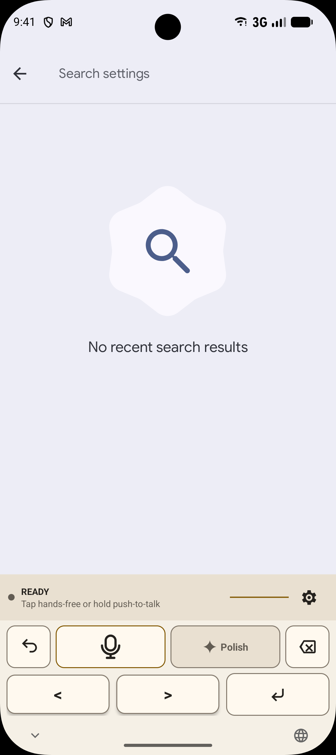 BlackSiren keyboard active in an Android text field, showing Ready status and microphone, Polish, and navigation keys