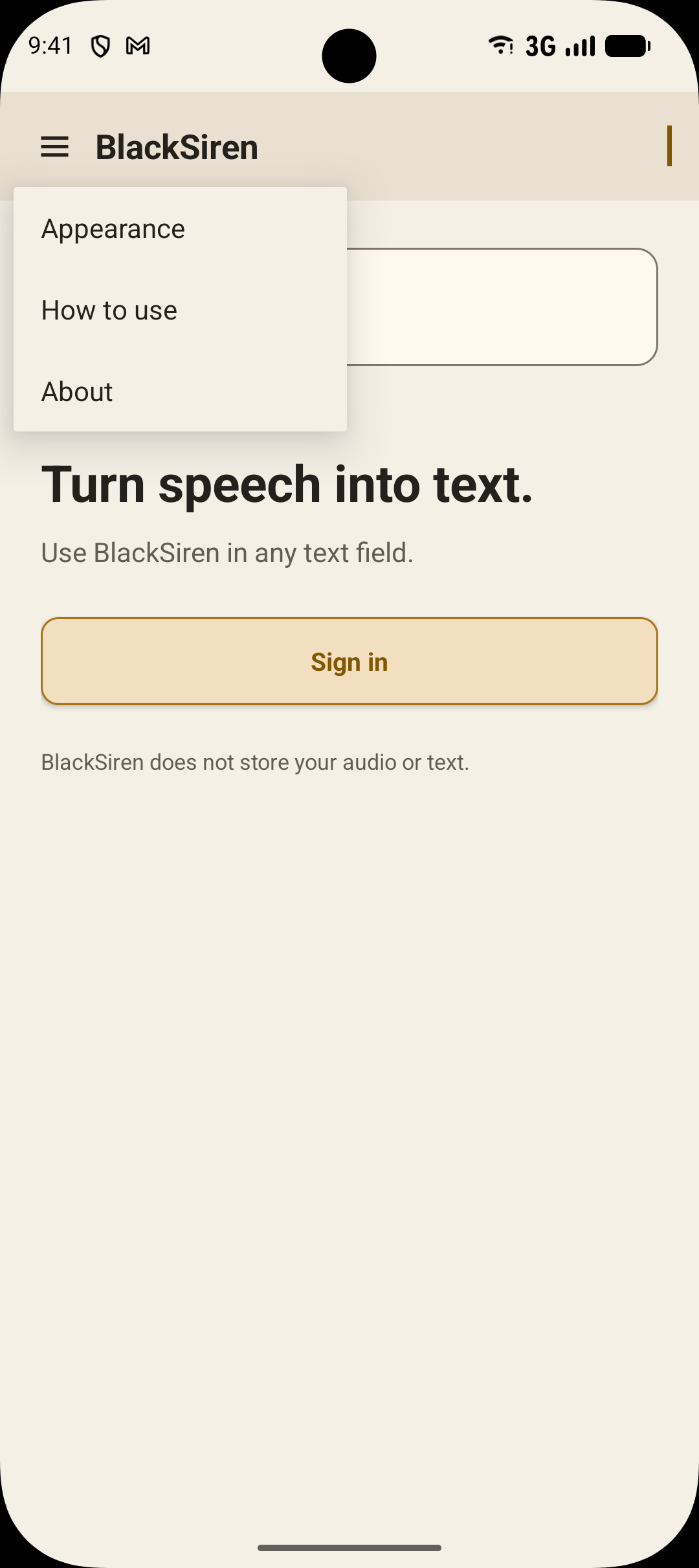 BlackSiren app menu showing navigation options including setup and appearance